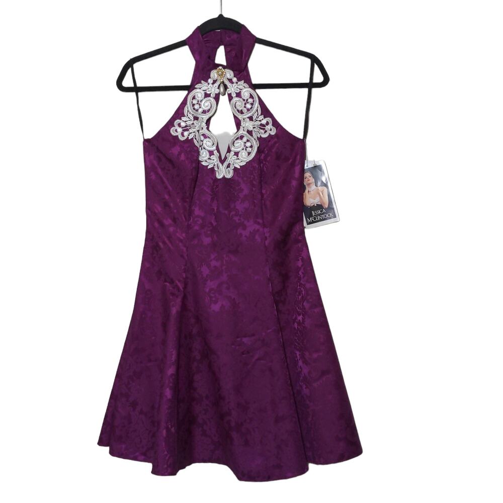 VTG Jessica McClintock Gunne Sax Fit & Flare Dress Damask Purple Juniors 7/8 New